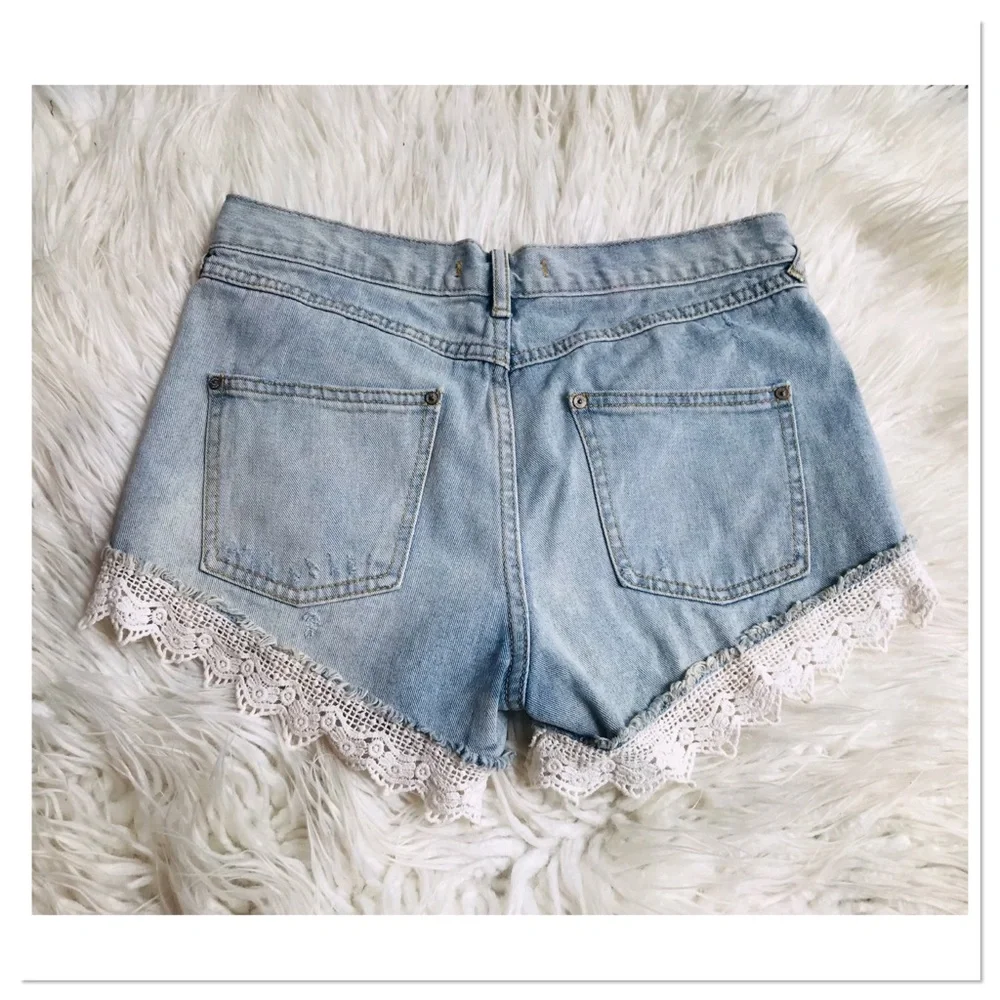 Free People Crochet Lace Hem Jean Shorts  Blue Size 26